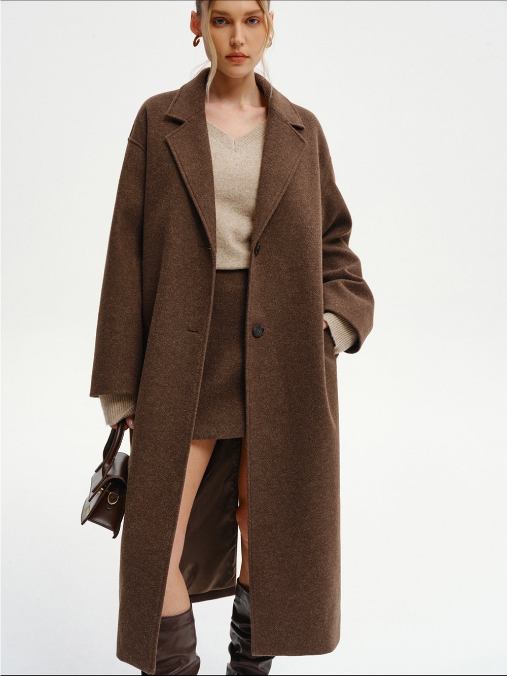 Commense Brown Long Single-Breasted Wool Trench Coat Oversized